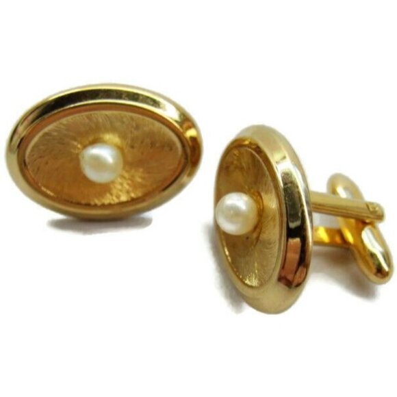 Hickok Oval Cufflinks Imitation Pearl Brushed Gold Tone Shirt Tux Dress Suit Vtg - Picture 1 of 8